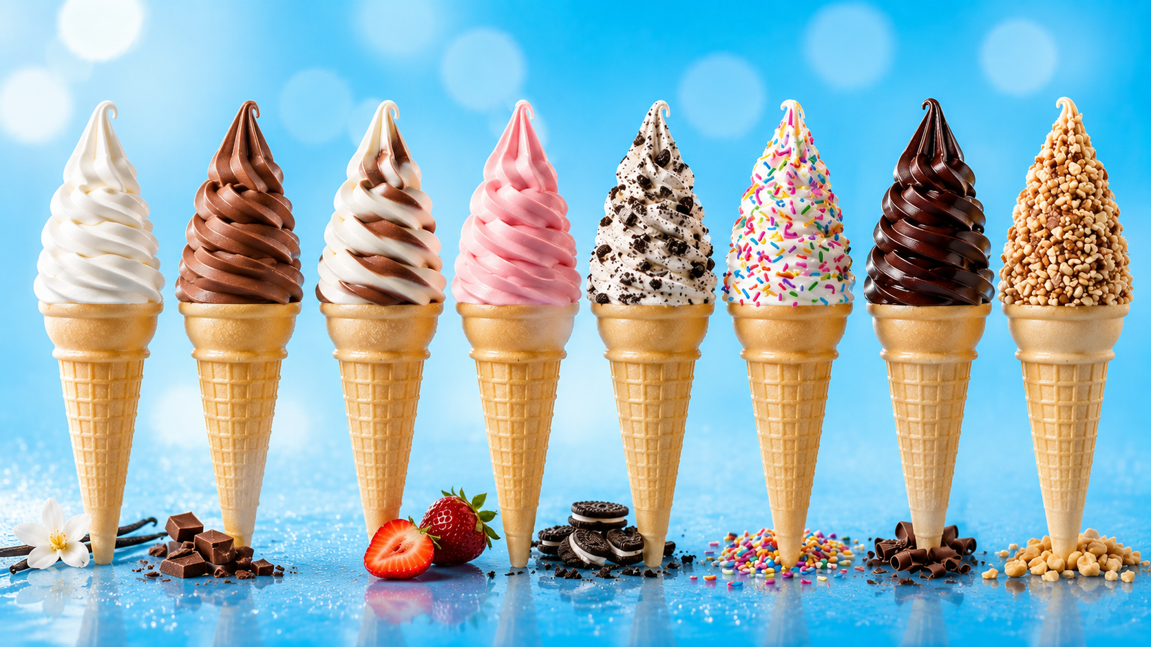 A lineup of Mr Smooth soft serve cones in vanilla, chocolate, twist, cookies and rainbow sprinkles.