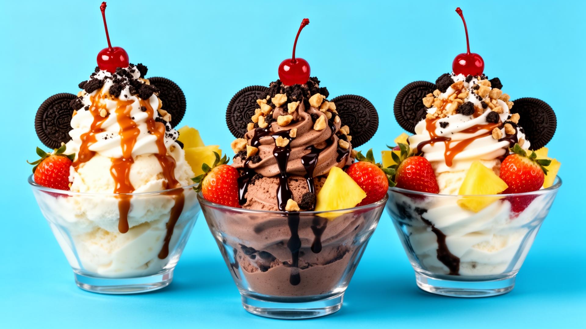 Loaded ice cream sundaes in glass bowls with whipped cream, cherry, Oreo, nuts, caramel, strawberry and pineapple.