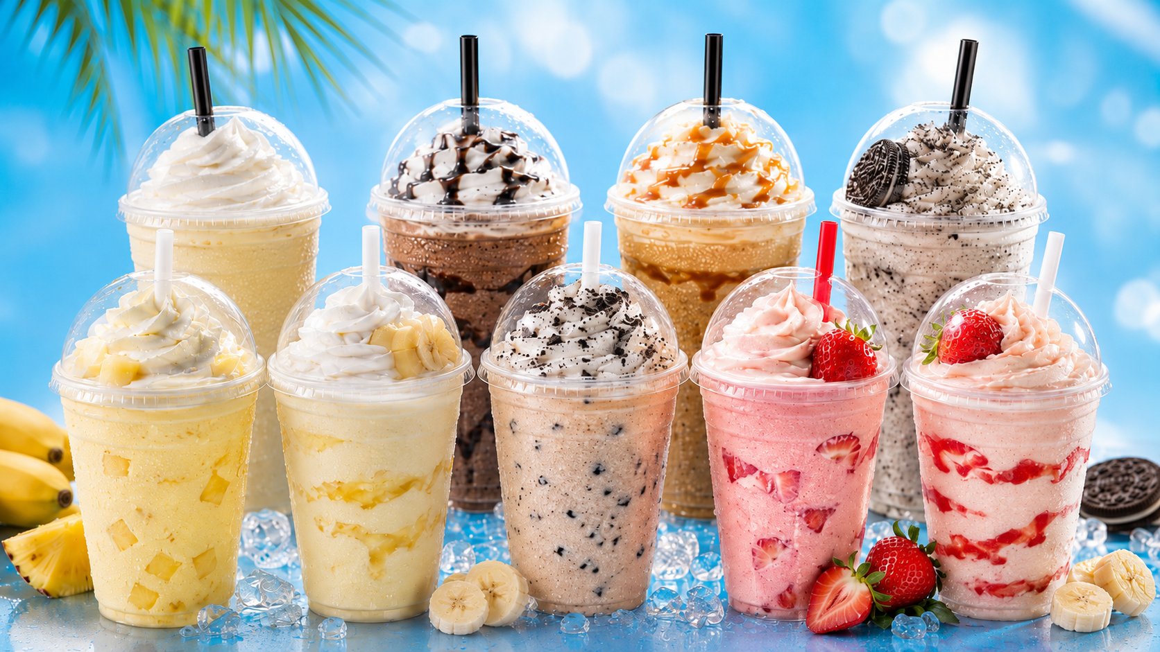 Hand-spun milkshakes with dome lids and straws in chocolate, caramel, cookies and cream, banana and strawberry.