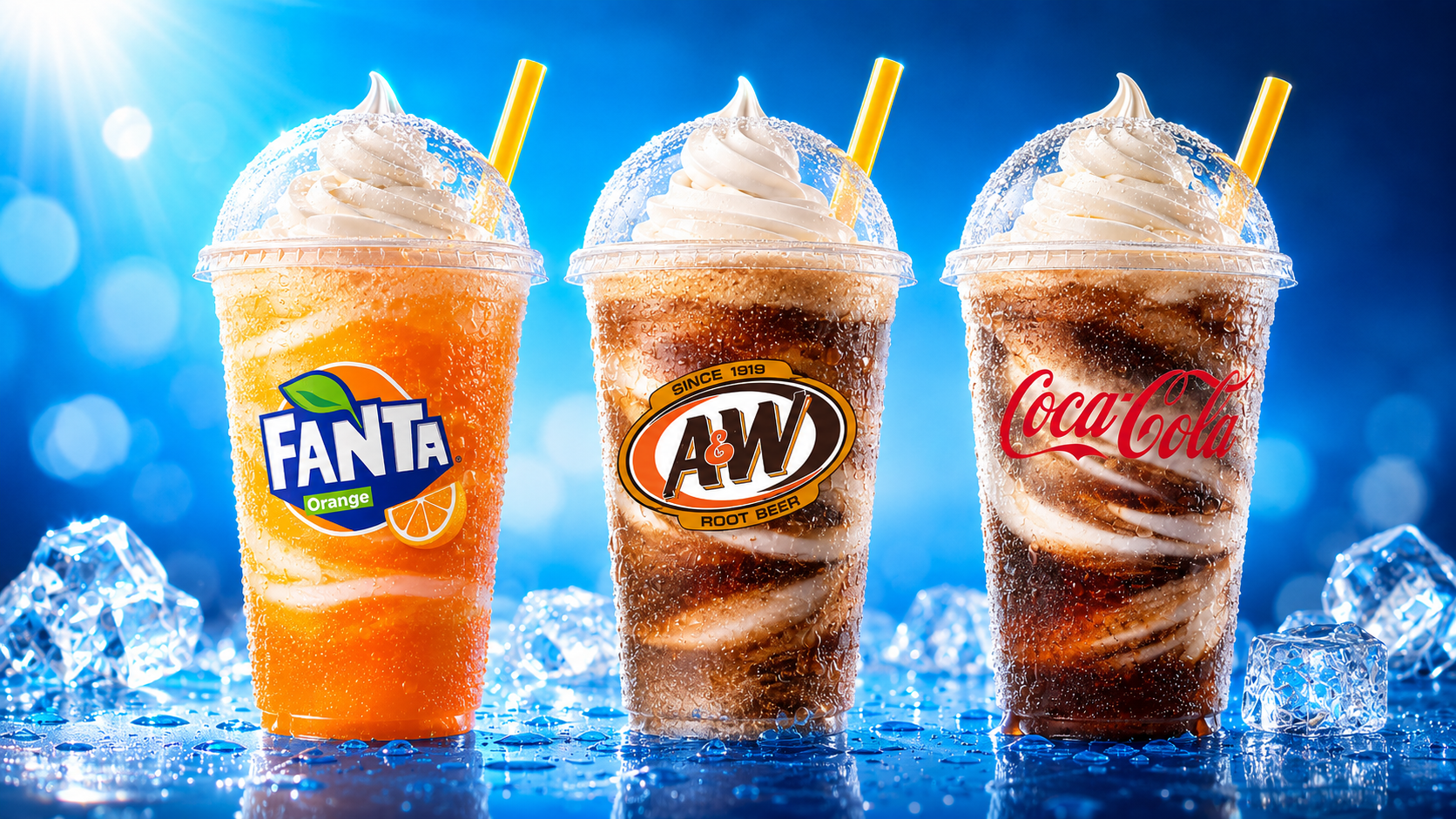 Root beer, orange and cola-style ice cream floats in clear cups.