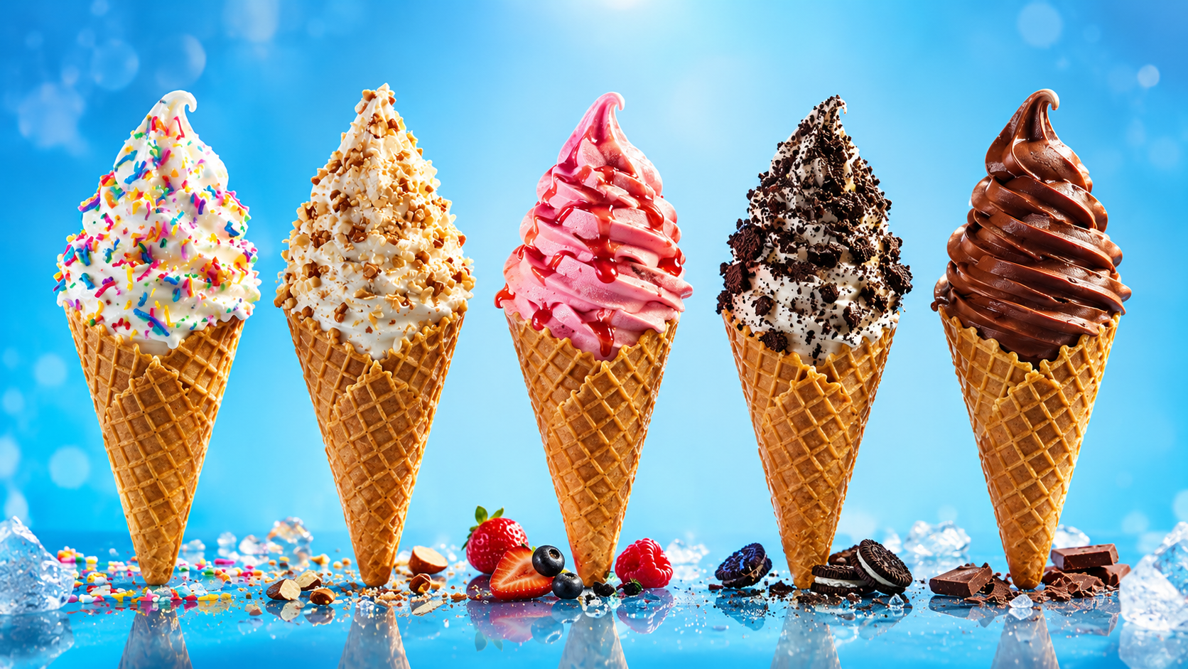 Waffle cones filled with soft serve and topped with sprinkles, nuts, strawberry syrup and cookie crumble.