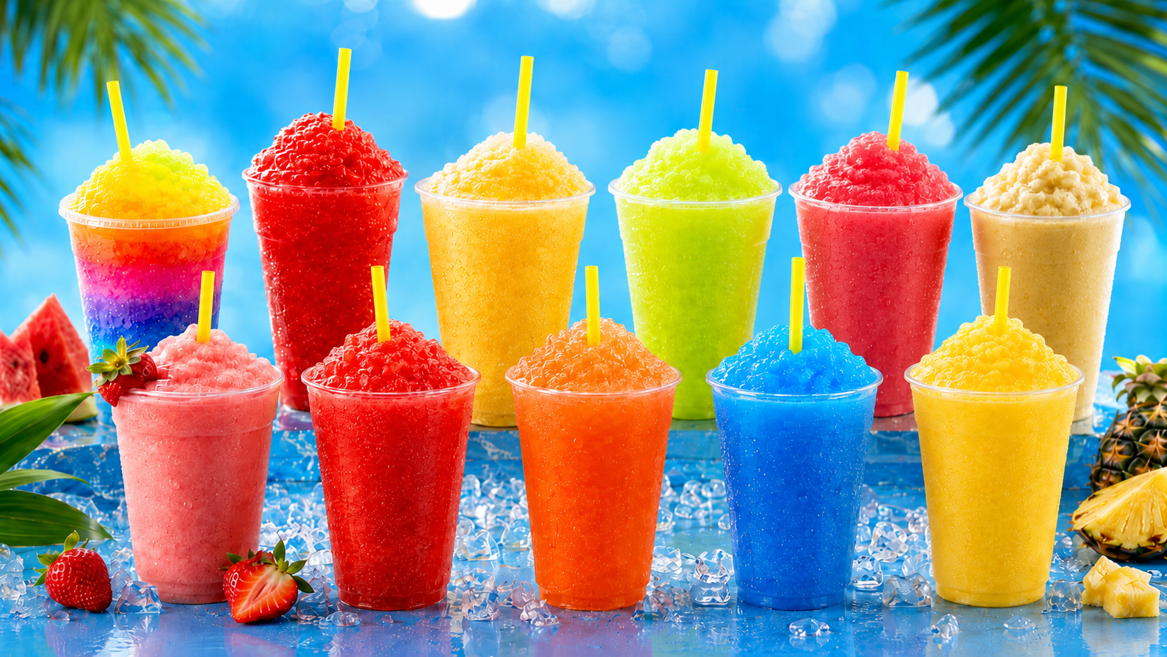 Colorful Maryland snowballs and slushies in red, yellow, blue and tropical flavors.